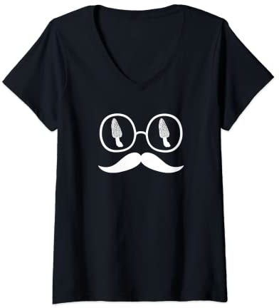 Damen Morel Pilzliebe mit Brille und Schnurrbart für Jäger T-Shirt mit V-Ausschnitt