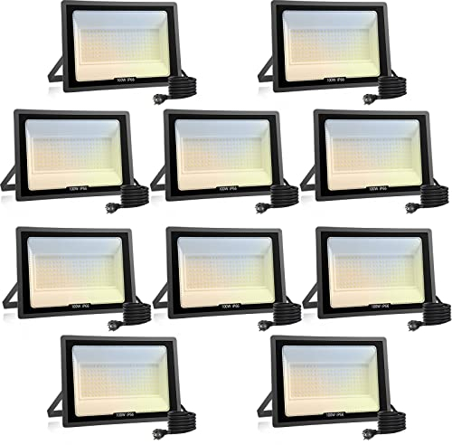 loyal 10er 100W LED Strahler Fluter Außen Dimmbar 10000LM, 3000K/4000K/6000K LED Scheinwerfer Dimmen per Wandschalter, IP66 Wasserdicht Außenstrahler für Garten, Hof, Garage, mit 1.2M Kabel, Stecker