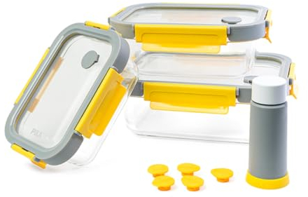 PIKA - Lot de 3 boites alimentaires sous vide en verre + pompe de mise sous vide - 370ml + 640ml + 1050ml - Micro-ondes, four, congélateur - GlassShock