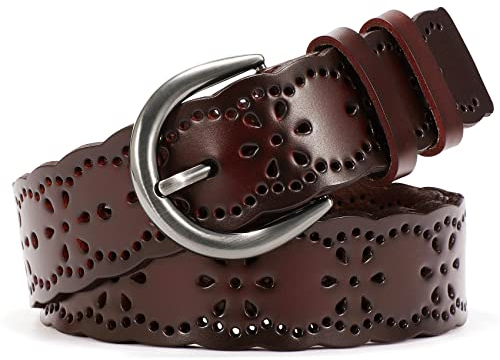 XZQTIVE Damen Gürtel für Jeans Frauen hohle Blume Ledergürtel für Hosen breiter Gürtel mit soliden Pin Schnalle 1,5'' Breite,Kaffee, 110cm(Passt Taillengröße 66-89cm)