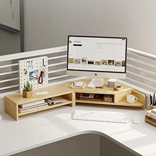 Double Layer Wooden Corner Monitor Stand, Monitor Riser for L Shaped Desk, Corner Laptop Stand with Slots, Space Saving Corner Desk Riser