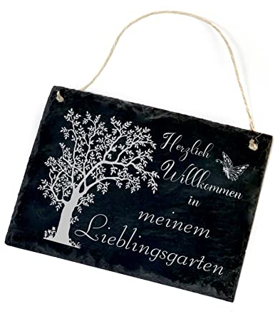 Schiefertafel Herzlich Willkommen in meinem Lieblingsgarten - Garten Schild Türschild Wanddeko Baum und Schmetterling - 22 x 16 cm