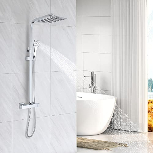 Colonna Doccia con Miscelatore Termostatico 38°STANEW, Colonna Doccia Bagno, Termostato con Miscelatore Regolabile in Altezza,Kit Doccia Quadrato con Fori a Muro Regolabile, Cromato