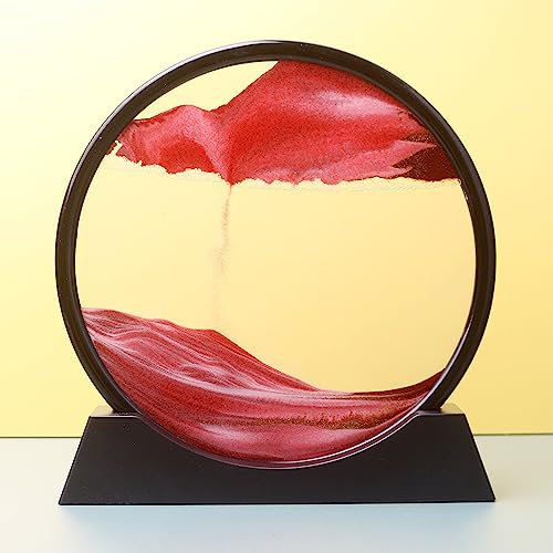 Arthink Bewegliche Sandkunst Bild in Bewegung, rundes Glas, 3D-Tiefsee-Landschaft, dynamische Sandkunst-Sandlandschaften, Kunstschreibtisch (17.8 cm, rot)