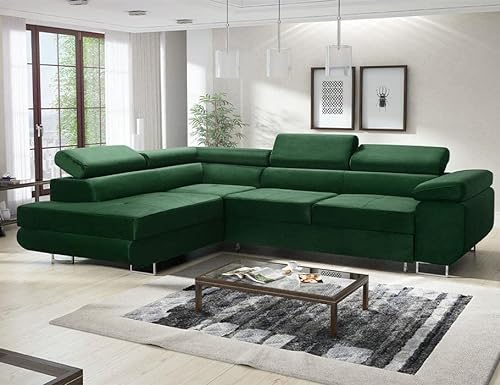 Easy Sofas and Wardrobes Avatar Velvet Monolith Corner L Shaped Sofa – 277 x 73 x 203 cm – Sofabed Sleeping Function – Day Bed – Left – Color: Monolith Bottle Green MO37
