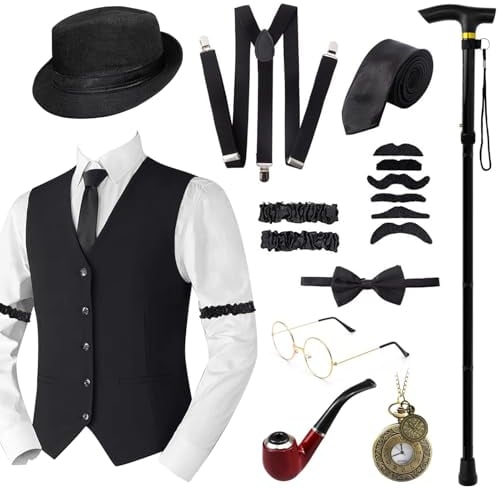 Grantop 1920s Jahre Herren Accessoires, 20er Jahre Herren Accessoires, Mafia Karneval Kostüm Gatsby Kostüm Set, Weste Fedora Hut Schnurrbart für Mann Karneval Fasching Halloween Cosplay(Schwarz, L)