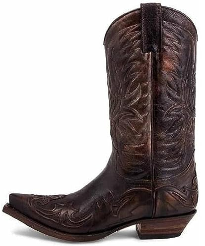 Stivali da Cavaliere da Uomo Vintage Ricamati - Motociclista Stile Cowboy Occidentale a Punta, Marrone, 41 EU