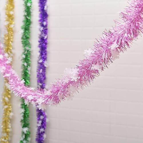 4 Stück x 3m Weihnachtsbaum Lametta Dekoration Girlande,Metallisch Lametta Girlande Christbaumschmuck Lametta Dekoration für Weihnachtsbaum Weihnachtsfeier Geburtstagsparty -Schneeflocke rosa