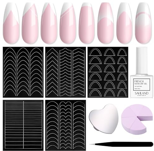 Saviland Weiß French Manicure Kit: Weißer französischer Gel-Nagellack Schnelle French Tips Guide Stickers Komplettes French Tip Tool Einfaches French Nail Kit für Anfänger zu Hause.