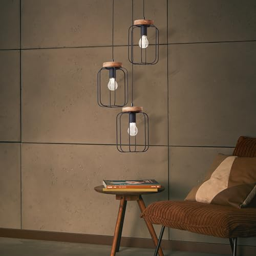 Lightbox Vintage Rondell Hängelampe - 165 cm Höhe, Ø 42 cm -Pendelleuchte mit Gitter Schirmen & kürzbarem Kabel - für Galerie - E27, max. 40 W - aus Metall/Holz - in Braun/Schwarz Korund