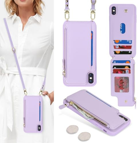 SailorTech for iPhone XS Max Phone Case with Credit Card Holder for Women, iPhone XS Max Leather Case Wallet Crossbody with Credit Card Slots Zipper Shockproof Case for Men - Purple