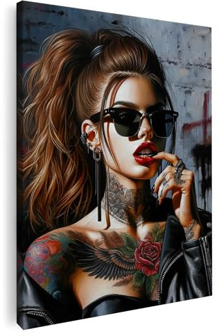 Artmazing | Tattoo Mädchen Bild bunt | S-Art Bilder | Tattoo Mädchen Bilder Modern | Coole Wandbilder Wohnzimmer | Wandbild Tattoo Mädchen Deko XXL | Bild Leinwand XXL | Tattoo Mädchen Bilder Wand