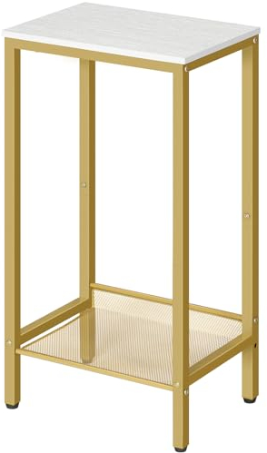 HOOBRO Beistelltisch Hoch, Telefontisch mit Verstellbarer Netzablage, Schmaler Nachttisch, Sofatisch, 38 x 28 x 73,5 cm, für Büroflur, Wohnzimmer, Industrie-Design, Weiß und Gold EDW03DH01
