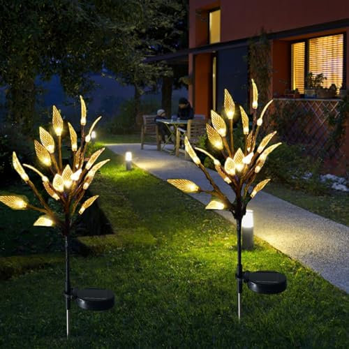 Solarlampen für Außen Garten, XRR 2 Stück 16LED Solar Zweige Aussen Solar Simulations Baum Licht mit Baumzweig Blätter Weihnachten Solar-Gartenleuchten für Outdoor, Hinterhof, Zuhause Deko(Warmweiß)