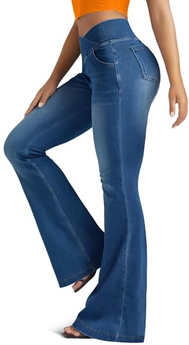 FUNUCA Knit Stretchy Jean Leggings for Women with Crossover High Waisted Bell Bottom Yoga Pants Flare Leggings with Pockets Dark Blue