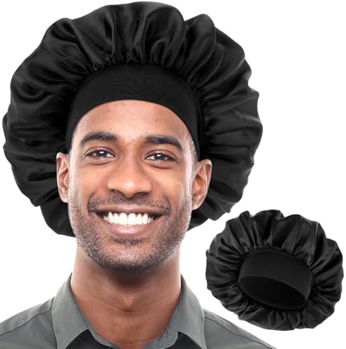 COMNICO Schlafmütze Satin Bonnet für Herren, Nacht Schlaf Mütze Verstellbare Schlafmütze aus Seidensatin Einlagig Dehnbares Bindeband Breit Weich Verstellbare Haarhaube Große Seidenhauben