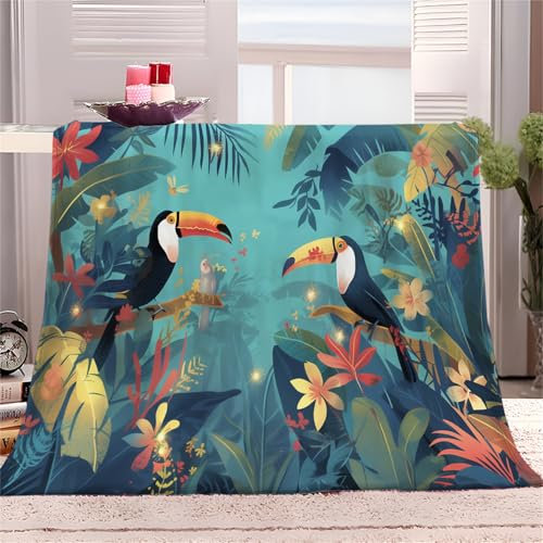 Flauschige Kuscheldecke 150x200 cm, Weiche Flanell Sofadecke mit Tukan Mit Tiermotiv, Waschbare Decke für Kinder, Jungen & Erwachsene, Warme Tagesdecke
