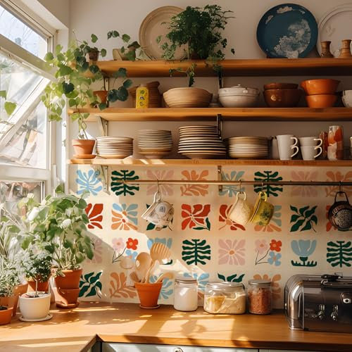 Alwayspon Tile Sticker, 25PcsX15cm/6inch Beige Flower and Leaf Self Adhesive Stick on Tiles Transfer Sticker for Bathroom Kitchen, Splashback, Peel and Stick Vinyl Floor Wall Tiles Sticker