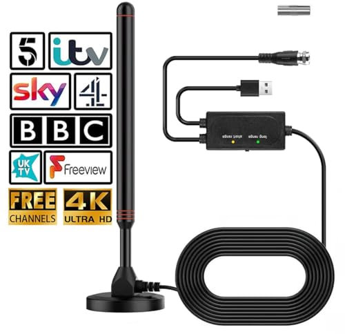 TV Antenna High Gain Digital, 4K TV Antenna with Magnetic Base for indoor and Outdoor Use, DVB-T/T2, Portable Amplifier Signal Booster, Can Receive Free Local Channel Programs and Live Sports Events