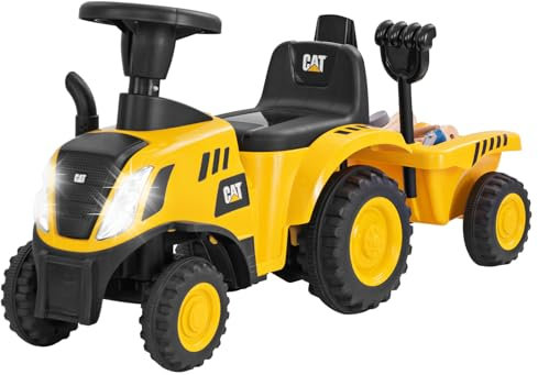 RELAX4LIFE Trattore Cavalcabile per Bambini, con Licenza Caterpillar per Bambini con Rimorchio Smontabile, Clacson, Luci LED, a Piedi, Rastrello e Pala