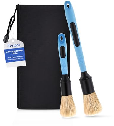 2X Auto Detailing Pinsel Set, Weiche Naturhaar Detail Bürsten für schonende innen & außen Reinigung - sanfte Car Reinigungspinsel Brush für Cockpit, Felgen, Alufelgen, Motor, Motorraum Autopflege