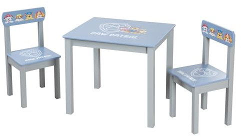 Kindersitzgruppe Paw Patrol - 2 Kinderstühle + Tisch für Kinder - Sitzgarnitur / Sitzmöbel mit Zeichentrick Hunden - Holz grau / blau - Ab 18 Monaten
