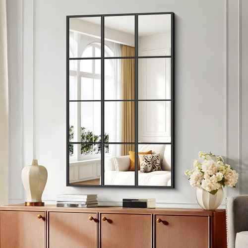 YIROMAN Espejo rectangular negro de 30 x 48 pulgadas para decoración de pared, espejo de ventana grande con marco de metal para dormitorio, sala de estar, chimenea, entrada, colgar o apoyar contra la
