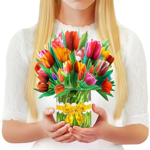 GREETING ART Tulpe Blumenstrauß Pop Up Karte für Frauen, Pop Up Blumenkarten, Handgemachte Blumengrußkarten, 3D Geburtstagskarte, Muttertagskarte, Jahrestag, Hochzeitskarte