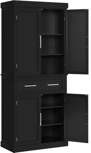 Yaheetech Tall Kitchen Pantry Cupboard, 183.5cm Freestanding Storage Cabinet with Drawer, 4 Doors, 2 Adjustable Shelves for Home Dining Living Room, Black