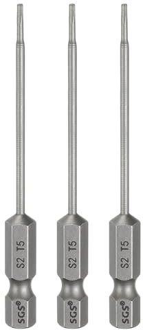 sourcing map 3pcs T5 Torx Head Screwdriver Bit 1/4 Hex Shank 3 (75mm) Long Magnetic No Hole Tip Tamper Proof 6 Point Star Screw Driver Drill Bits S2 Steel Industrial Power Screwdrivers