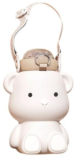 Botella de Agua térmica de 450 ml, 20 x 13 cm, de Acero Inoxidable, con Forma de Oso, asa, Tapa, Pajita de Silicona, Correa Ajustable, Adhesivo y Cepillo para niños y niñas.