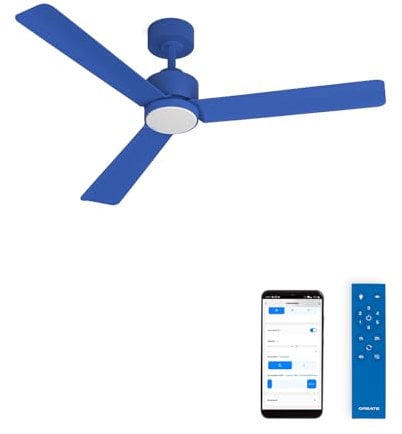 CREATE / WIND MODERN M/Ventilador de techo con luz azul cobalto con Wifi y mando / 40W, Luz LED 3 temperaturas, Ø132 cm, programable, 6 velocidades, función verano-invierno