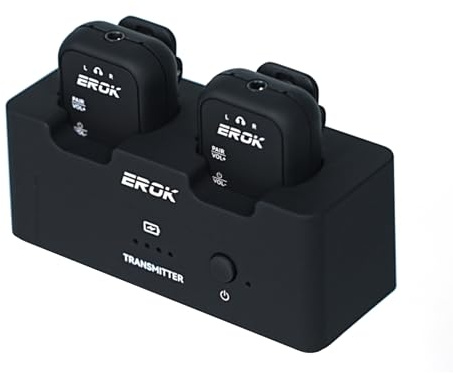 EROK Sistema di monitoraggio in-ear wireless 2.4G, bassa latenza stereo, trasmettitore con base di ricarica e ricevitori di accoppiamento automatico, uno a più per la registrazione domestica e piccoli