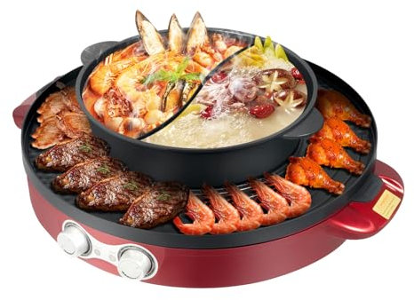 Fichiouy Elektrischer Grill und Fondue Set 220V 2200W 2-in-1 Antihaft-Beschichtung Hot Pot mit Grillplatte 44cm Durchmesser für Fondue BBQ Hotpot Familienfeiern Partys (Rot)