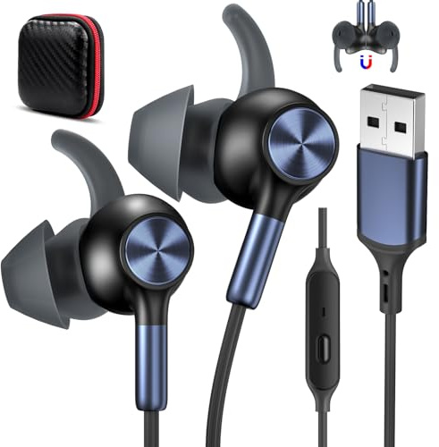 AIAUXAI USB Earbuds with Microphone for PC Laptop,USBA Headphones,BlackBlue | Wired with Mic& Earfins Hook for Computer Office Work,7.5ft,Noise Canceling Stereo Headset for Dell/HP/Chromebook Game School
