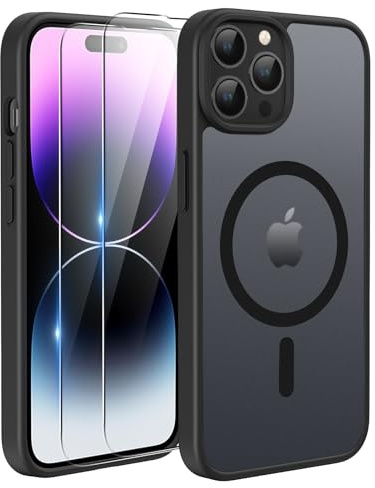 TQIAHF Magnetic Phone Case Cover for iPhone 14 Pro Max,Black | with 2 Tempered Glass Screen Protector Compatible with MagSafe Military Grade Shockproof Protective Slim Translucent Matte