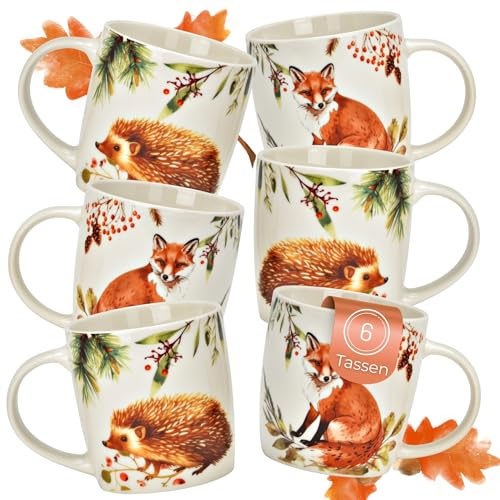 Set di 6 tazze autunnali con volpe e riccio, 350 ml, in porcellana, lavabili in lavastoviglie e adatte al microonde