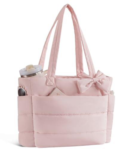 CTWWFS Puffer Tote Bag for Women, Quilted Bow Tote Bag with Cup Holder & 15.6 In Laptop Compartment for Work, Travel, Gym, College