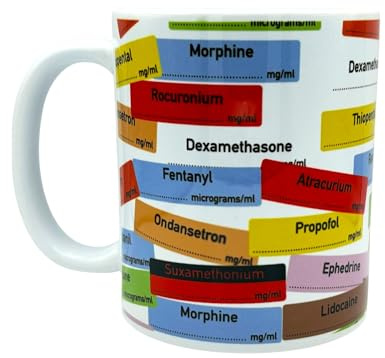 Medic Design Co. Anaesthetic Drug Sticker Mug, 11oz, Medical Novelty Gift for Anaesthetists, Doctors, Nurses and Vets