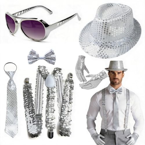 yolzhxe Disco Glitzer Outfit Herren Damen, Glitzer Kostüm Accessoires | mit Jazz Hut, Hosenträger, Krawatten, Handschuhe, Fliege und Brille, für 70er 80er Jahre Outfit Silvester, Karneval Party