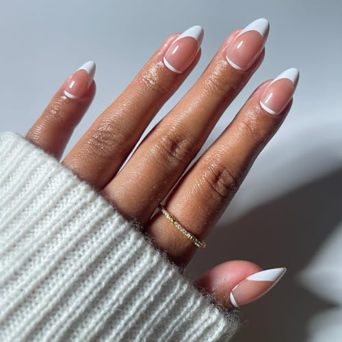 Glamnetic Press On Nails - Class Act | Short Almond Fake Nails in Nude with White French Tips & Cuticle Detail, Glazed Finish, Salon Quality | 15 Sizes - 30 Nail Kit with Glue