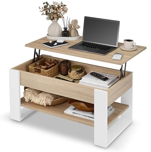 defiPad Couchtisch höhenverstellbar mit Stauraum, 92x51, Sonoma Eiche-Weiß | 18-mm-Möbelplatte, Arbeitshöhe 45-61 cm, in Europa gefertigt, verstecktes Fach, Ablage 85 × 45 cm, Metall-Hebemechanismus