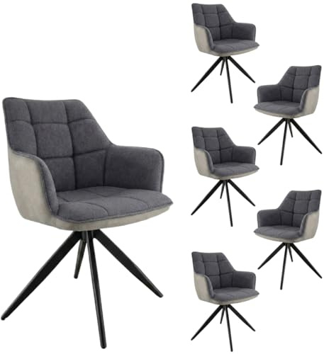 Liadomo Esszimmerstuhl London 6er Set, Textilbezug grau | Armlehnstuhl, Polsterstuhl, 360° drehbar, Metallbeine schwarz, Kassettensteppung, ergonomisch, bequem gepolstert