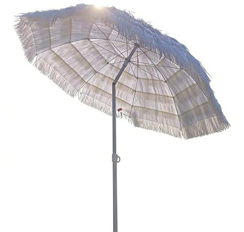 Generico Ombrellone Bianco in Paglia - 8 Stecche - Inclinabile di 45° - Protezione UV Impermeabile - Ombrelloni Tiki in Paglia per Spiaggia, Patio, Bordo Piscina, Cortile E Giardino
