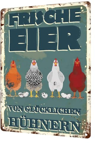 Lustiges Huhn Metallschild - Hühnerstall Outdoor Blechschild frische Eier glückliche Hühner Vintage Schild Hühnerstall Zubehör, für Hühnerstalls Bauernhof Deko