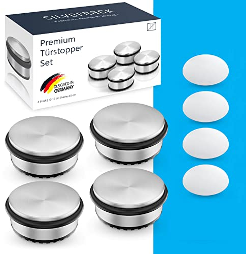 SilverRack® Türstopper Edelstahl [4 Stück] + 4 extra Wand Türstopper - Premium Tür Stopper ohne Bohren 1,1kg - Schwerer Türstopper Boden - 10x4,5cm Door Stopper