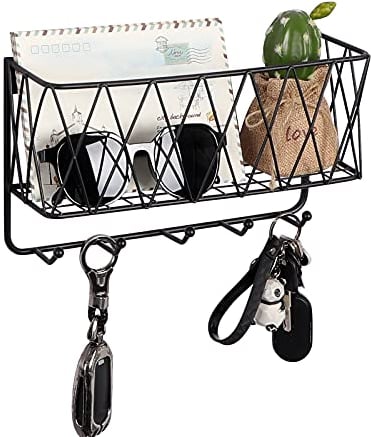 OROPY Porte-clés mural, porte-lettres avec 5 crochets, panier robuste en métal noir mat, 37.5×12.5×17.5cm Porte-clés mural pour l'entrée, le couloir, la chambre à coucher, pour montage mural.
