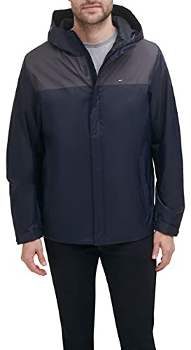 Tommy Hilfiger Men's Lightweight Breathable Waterproof Hooded Jacket, Navy/Charcoal Colorblock, XS