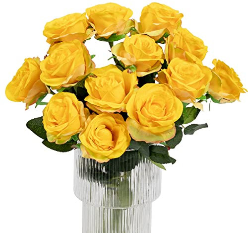 Kisflower Künstliche Rosen, realistische Einzelstiel-Blumen, Seidenrose, Blumenstrauß für Hochzeit, Party, Büro, Heimdekoration (Farbverlauf) 12 Stück