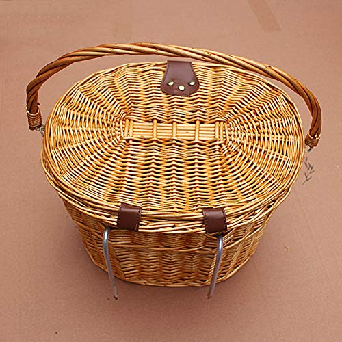 Stecto Fahrradkorb Wicker, Retro Handmade Fahrrad Fahrradkorb Fahrrad Einkaufskorb mit Deckel & Lederstreifen, Universal für Jede Art von Fahrrädern